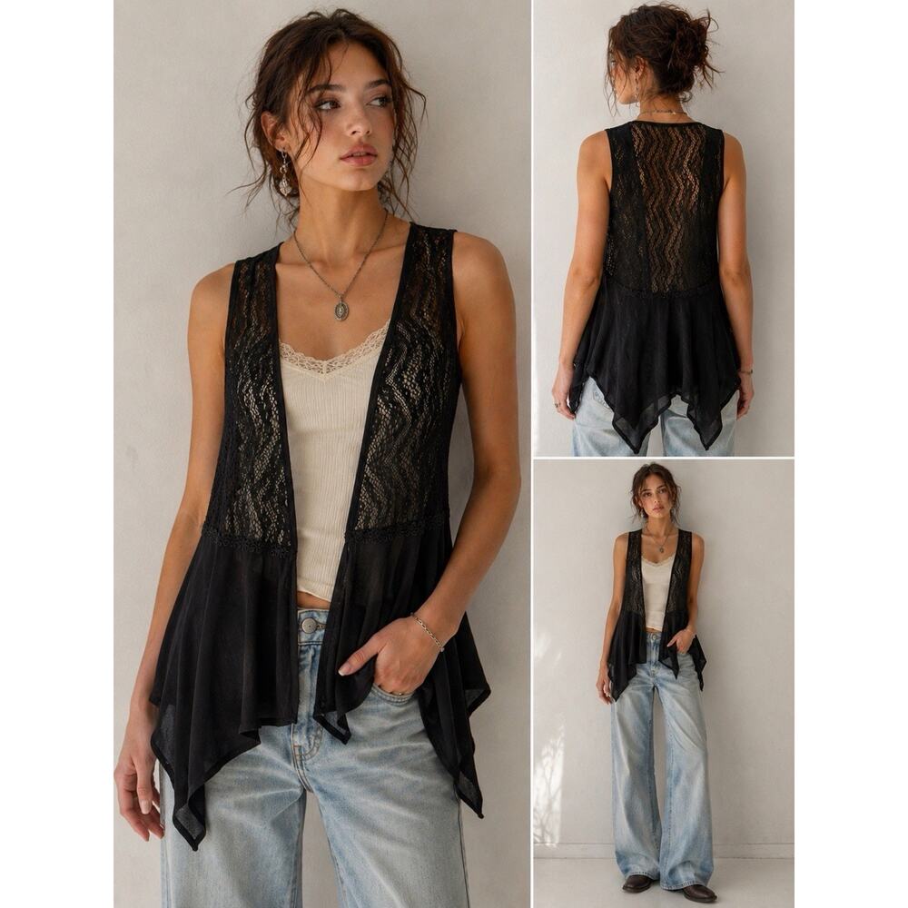 Y2K Womens Black Lace Sheer Open Front Vest Boho Fairy Grunge Asymmetrical Hem L